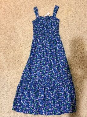 NWT Loft XS Prairie Dress Sleeveless Blue Floral Elastic below Bodice